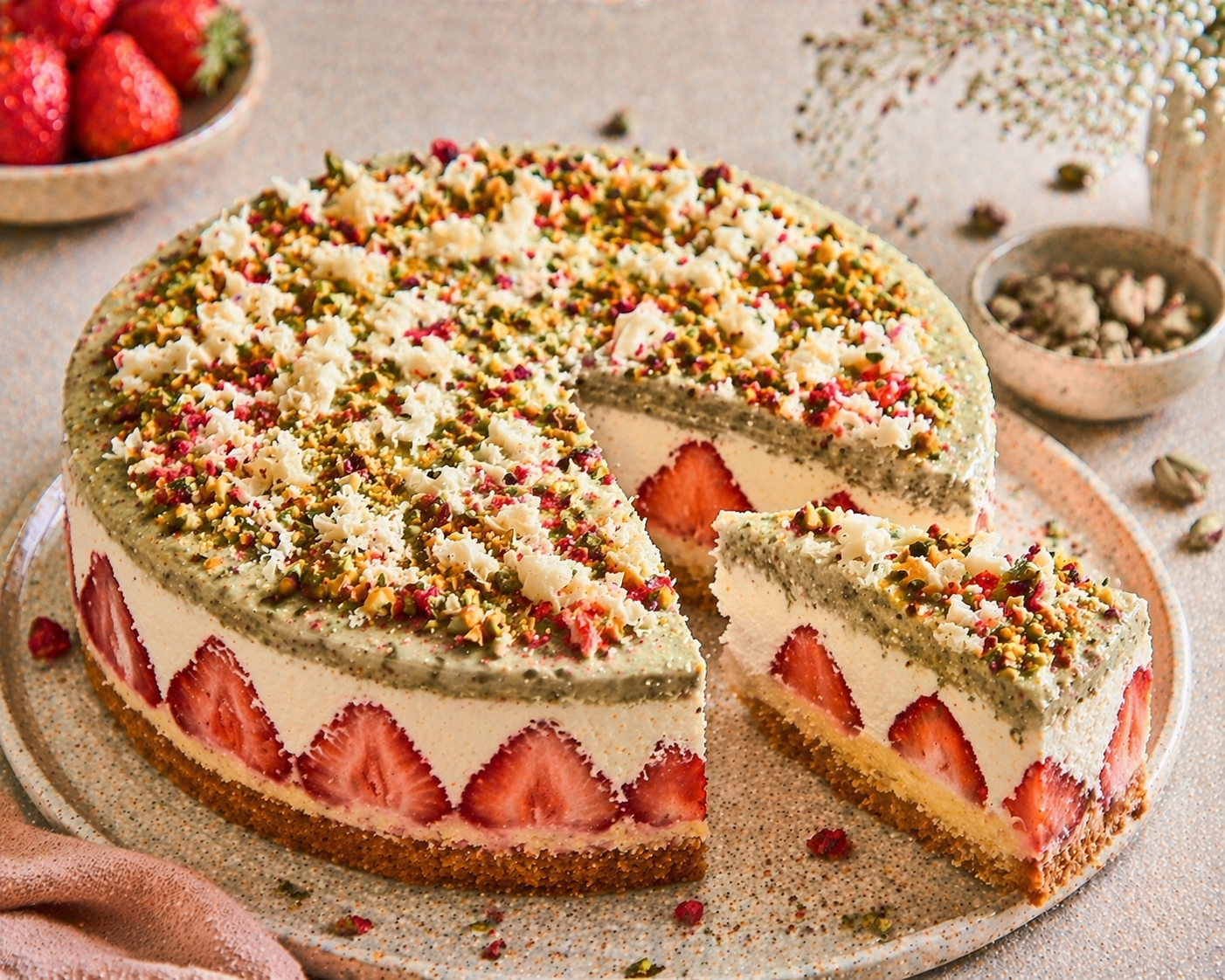 Erdbeer-Pistazien-Cheesecake mit dünnem goldgelbem Kuchenboden, Erdbeerrand, heller Cheesecake-Creme und Pistazientopping