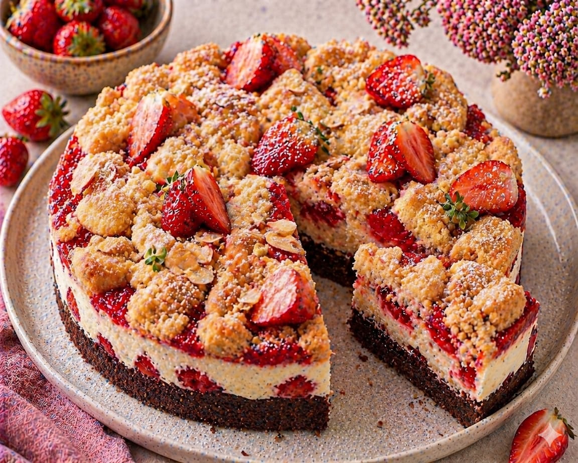 Erdbeer-Quark-Streuselkuchen mit dunklem Schokoboden, heller Quarkfüllung, Erdbeeren, goldbraunen Streuseln, Mandelblättchen und Puderzucker