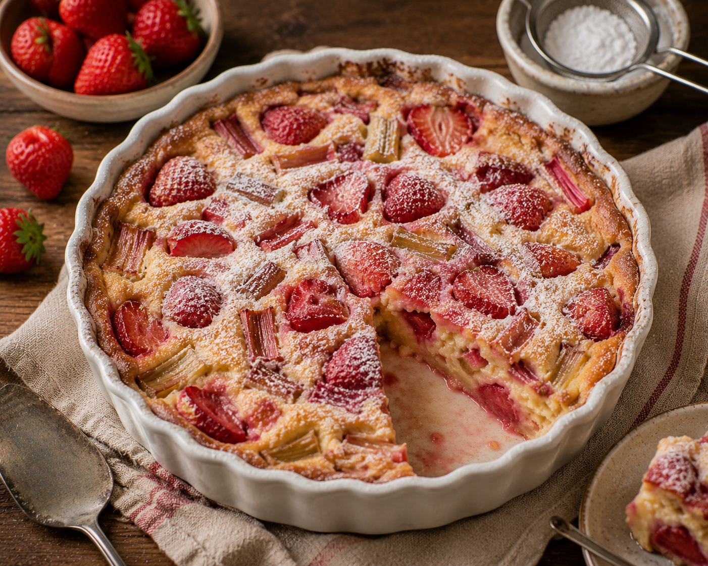 Erdbeer-Rhabarber-Clafoutis mit gebackenen Erdbeeren, Rhabarber, goldbraunem Rand und feinem Puderzucker