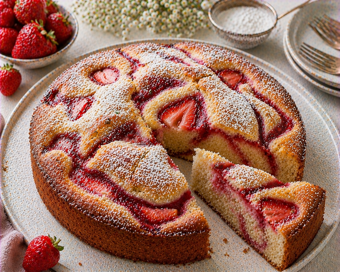 Erdbeer-Rührkuchen mit rotem Erdbeer-Swirl, eingebackenen Erdbeeren, goldbraunem Rand und Puderzucker