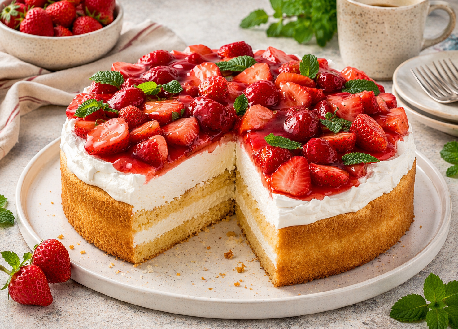 Erdbeer-Sahne-Biskuittorte mit goldgelbem Biskuit, heller Creme, frischen Erdbeeren, glänzendem Erdbeerguss und Minze