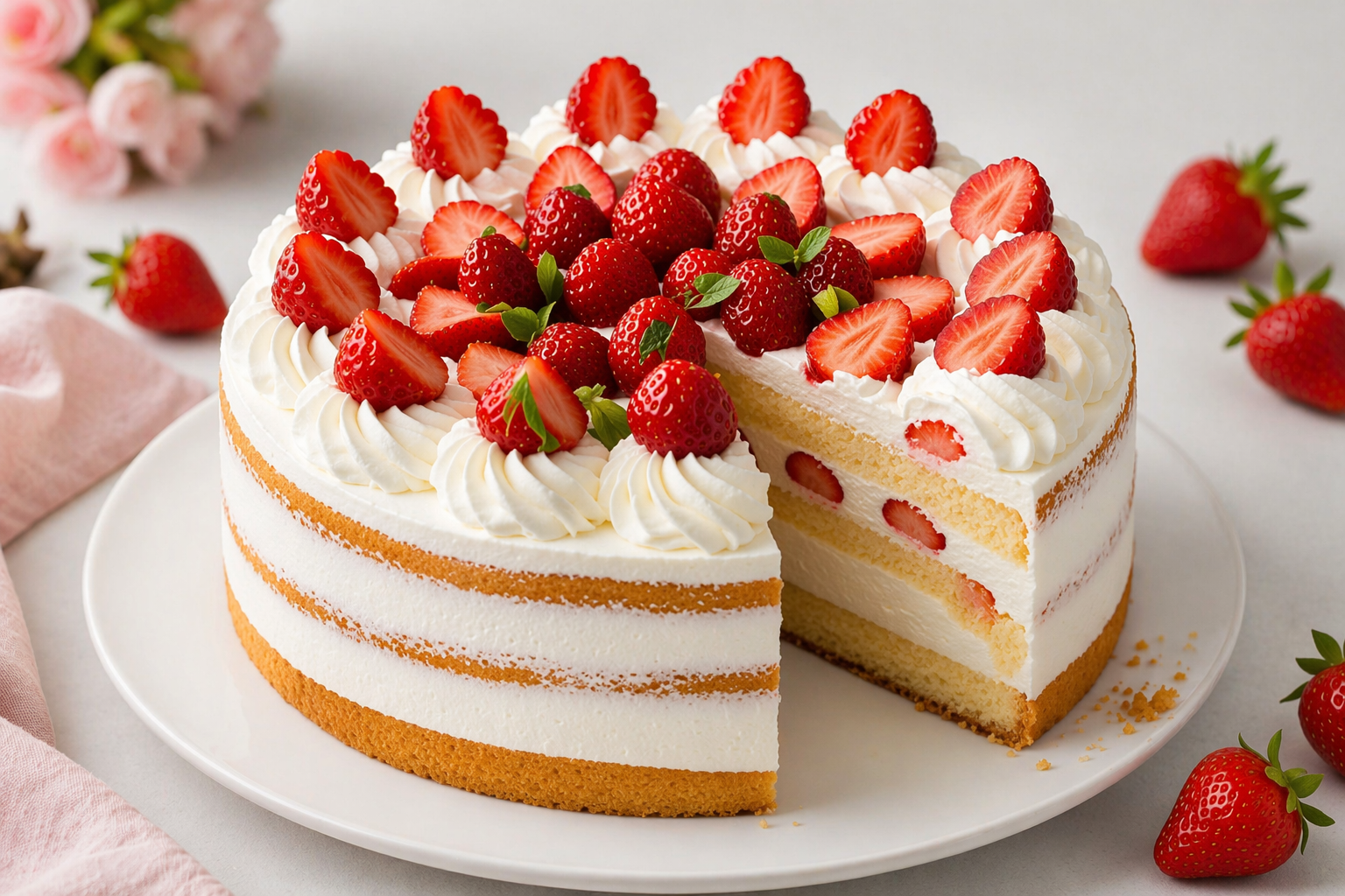 Erdbeer-Sahne-Schichttorte mit drei Biskuitlagen, heller Sahnecreme, großen Sahnerosetten und frischen Erdbeeren