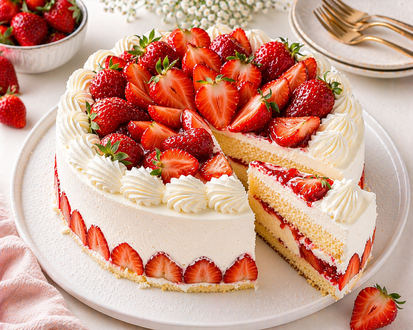 Erdbeer-Sahne-Torte mit zwei Biskuitlagen, heller Vanille-Sahne-Creme, sichtbarem Erdbeerrand, großen Sahnemuscheln und frischen Erdbeeren