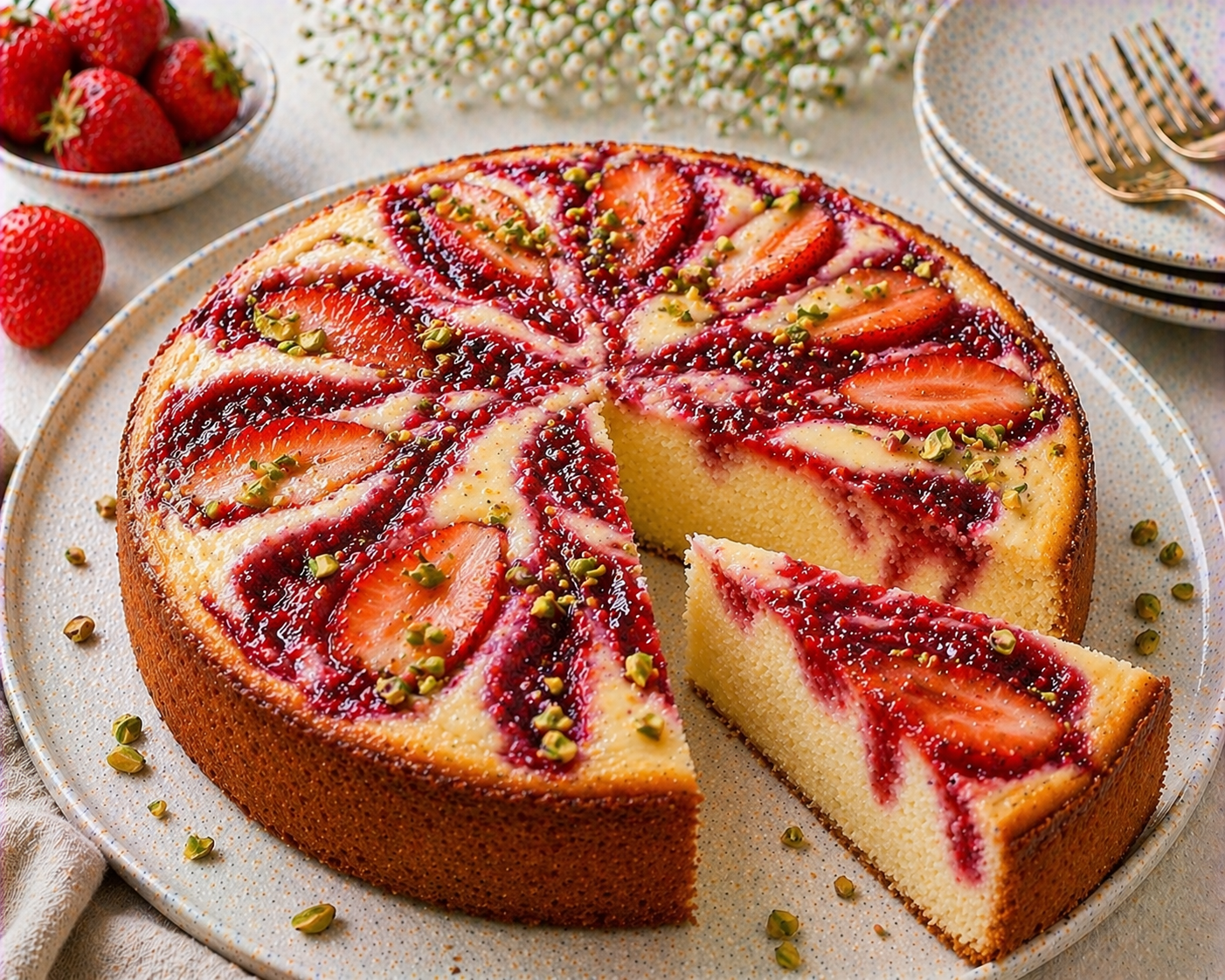 Goldbrauner Erdbeer-Swirl-Kuchen mit roten Fruchtbahnen, Erdbeerscheiben und gehackten Pistazien