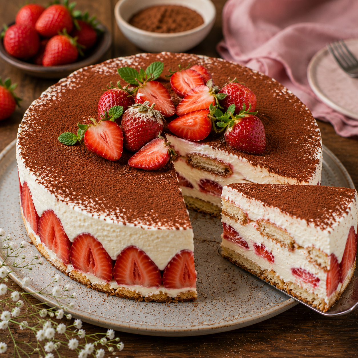 Erdbeer-Tiramisu-Torte mit dünnem Biskuitboden, frischen Erdbeeren, heller Creme, einer Löffelbiskuitschicht und Kakaodecke