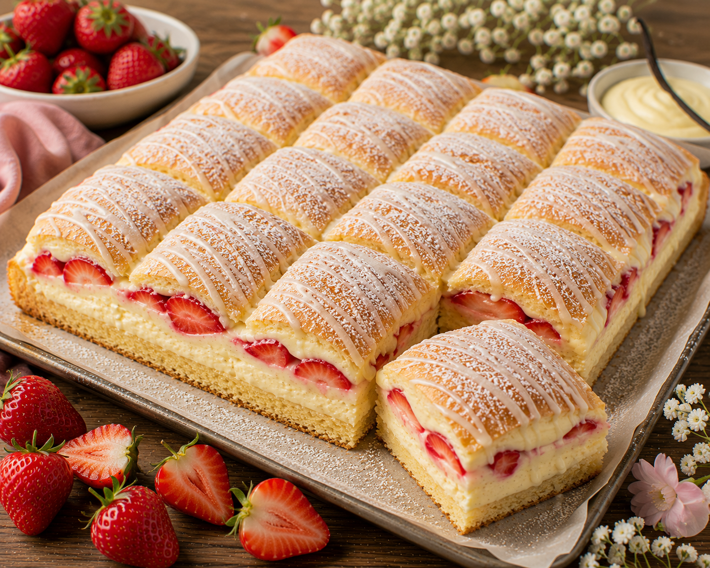 Erdbeer-Vanille-Kissenkuchen mit hellem Biskuitboden, Vanillecreme, Erdbeeren, goldenen Blätterteigkissen, Zuckerguss und Puderzucker