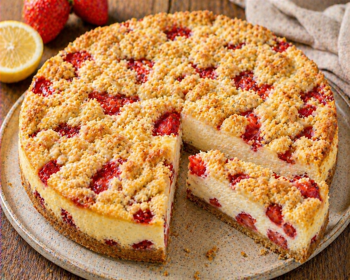 Hoher Erdbeer-Zitronen-Streusel-Käsekuchen mit Keksboden, cremiger Käsekuchenfüllung, eingebetteten Erdbeeren und goldenen Streuseln