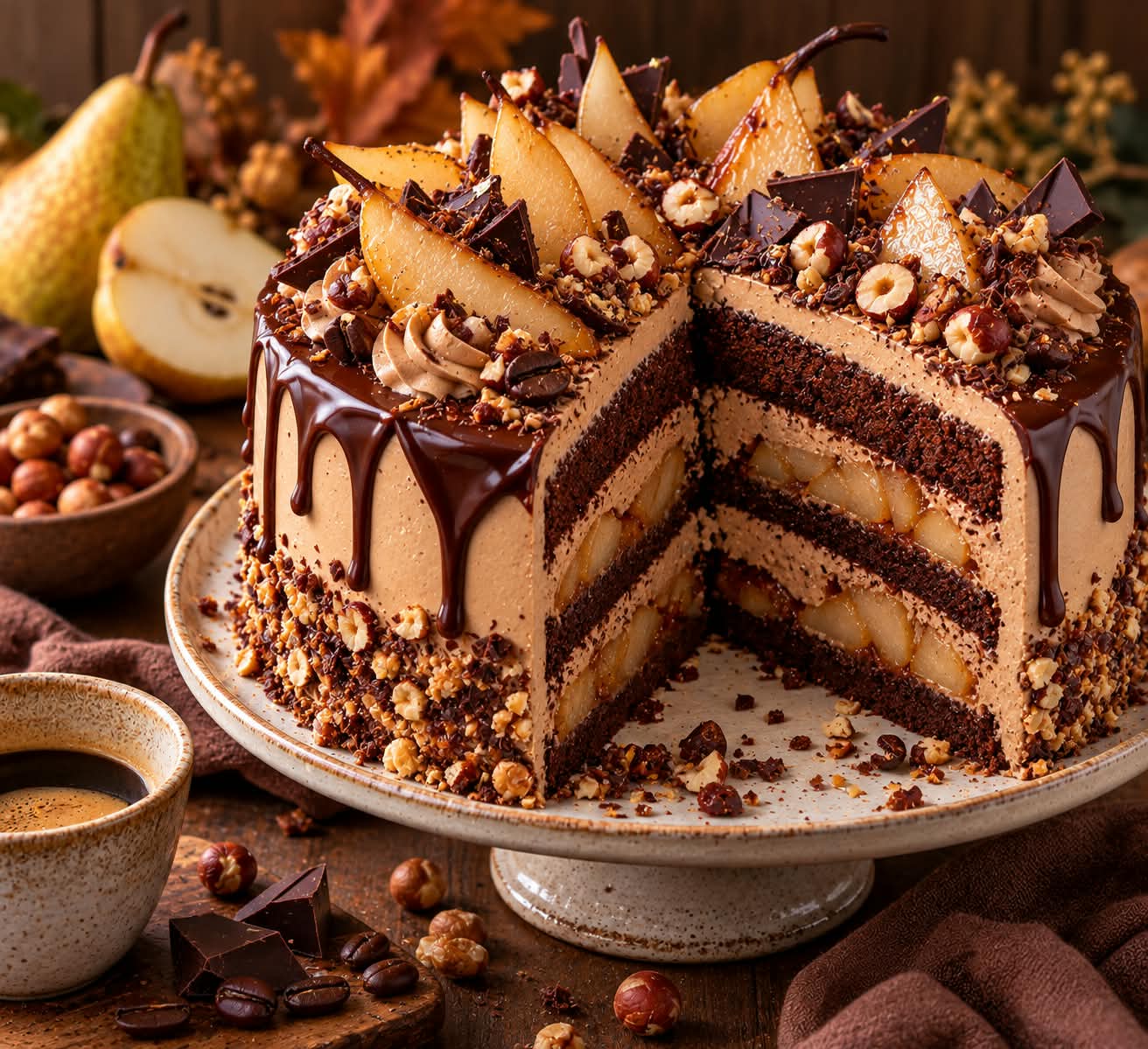 Hohe Espresso-Birnen-Torte mit drei dunklen Schoko-Espresso-Böden, zwei sichtbaren Birnenfüllungen, Espresso-Mascarponecreme, dunklem Schokoladendrip, goldglänzenden Birnenspalten, Haselnüssen, Schokoladenstücken und Kaffeebohnen
