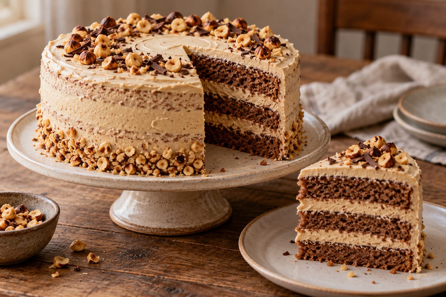 Espresso-Haselnuss-Torte mit drei Schoko-Haselnuss-Böden, heller Espresso-Mascarponecreme, gerösteten Haselnüssen und dunklen Schokospänen