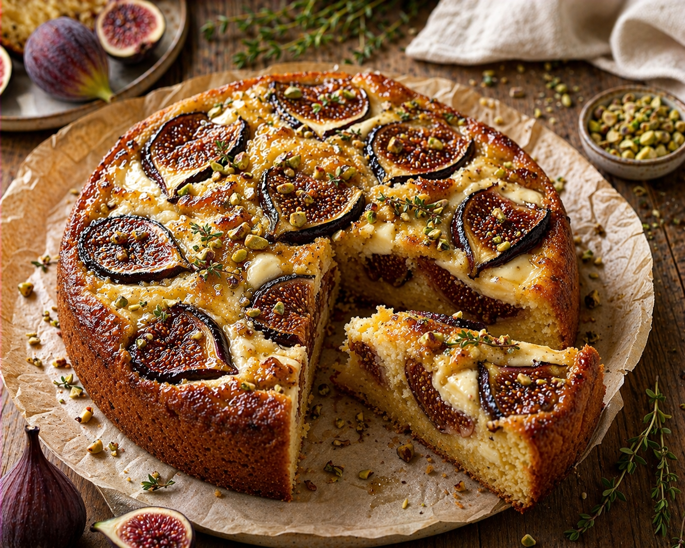 Goldbrauner Feigen-Ricotta-Rührkuchen mit großen Feigen, Ricotta-Klecksen, Honig, Pistazien und Thymian