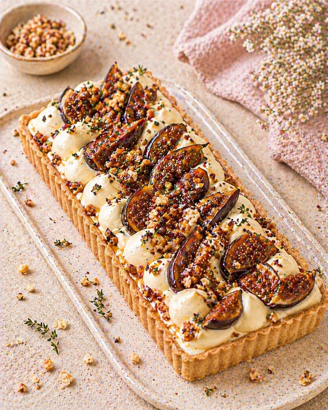 Längliche Feigen-Tarte mit heller Honigcreme, glänzenden Feigen, gehackten Nüssen, Honig und Thymian