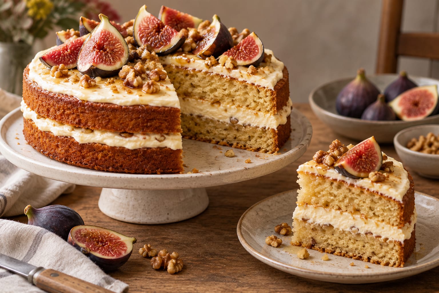 Feigen-Walnuss-Torte mit zwei Walnussböden, hoher heller Honig-Quarkcreme, frischen Feigenhälften und breiten Feigenspalten, Walnüssen und Honig