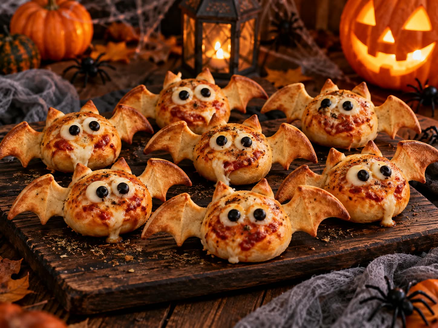 Goldbraune Halloween-Pizzabrötchen in Fledermausform mit breiten, geschwungen gezackten Teigflügeln, kleinen spitzen Ohren, rot-weiß marmorierter Tomaten-Mozzarella-Oberfläche, sichtbaren Kräutern und flachen Mozzarella-Augen mit schwarzen Olivenpupillen