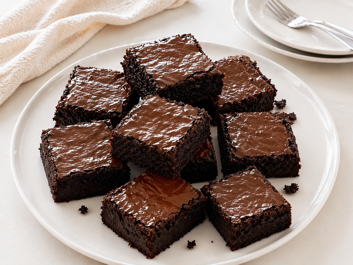 Dunkle quadratische Schokoladen-Brownies mit fudgy Mitte und dünner glänzender Schokoladenschicht