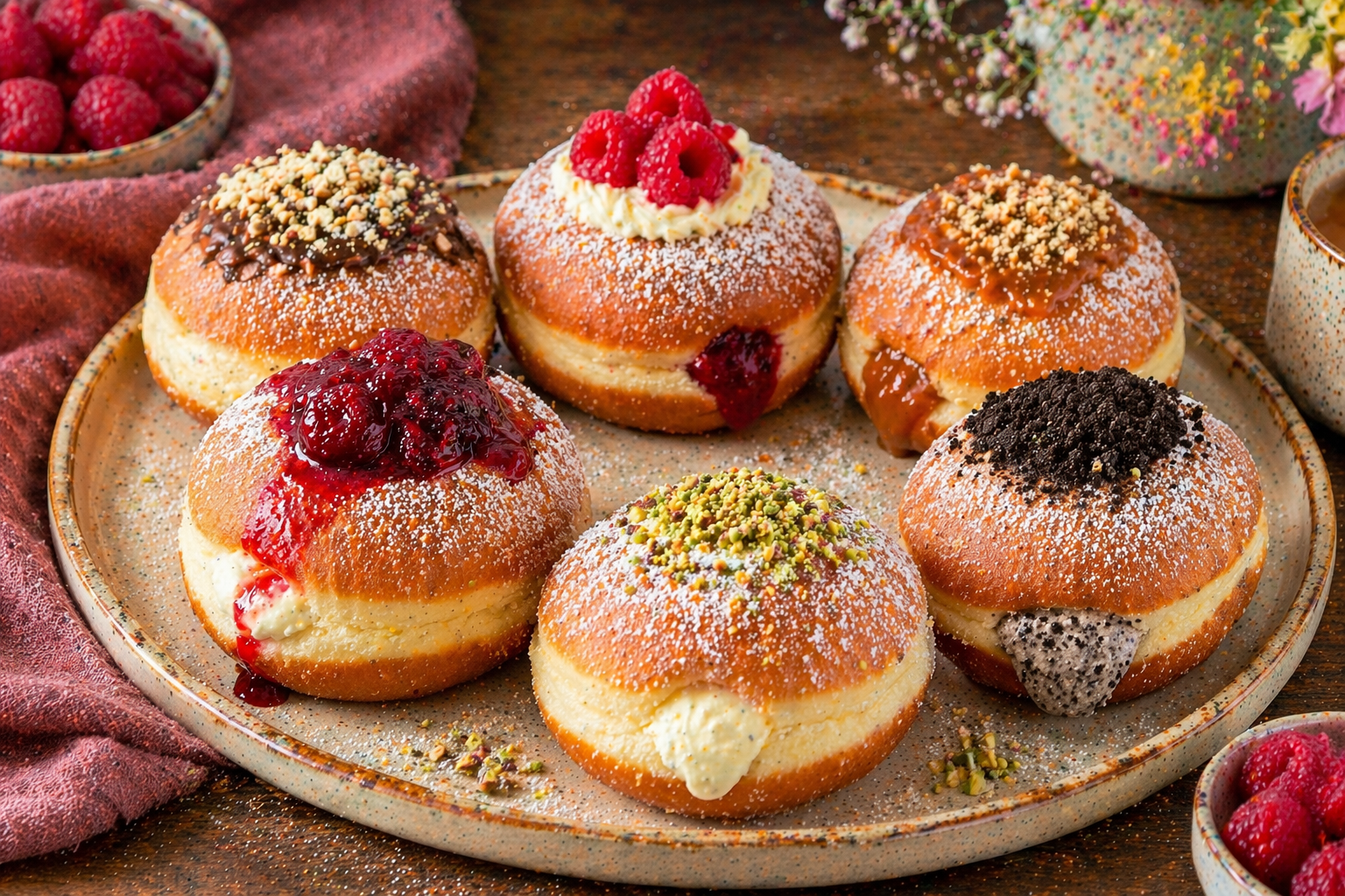 Sechs unterschiedlich dekorierte goldbraune Berliner mit Himbeeren, Vanillecreme, Karamell, Pistazien, Cookie-Bröseln und Schoko-Haselnuss-Topping