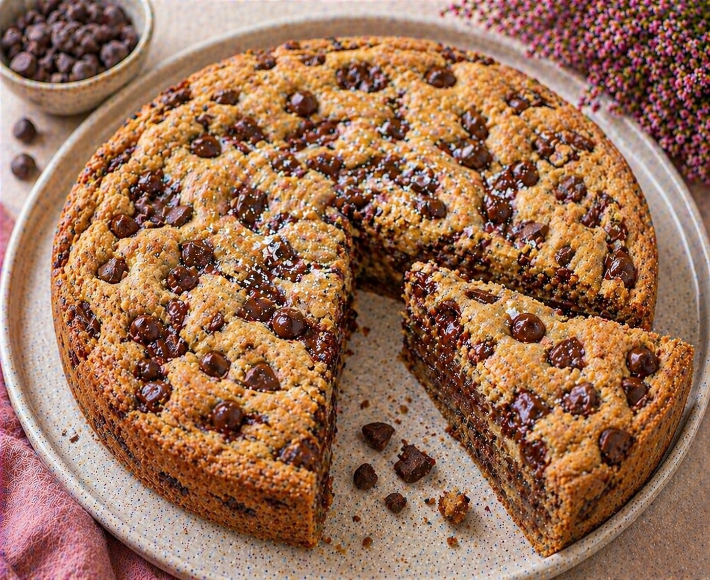 Runder goldbrauner Schoko-Cookie-Kuchen mit vielen Schokotropfen und weichen dunklen Schokoladenbereichen