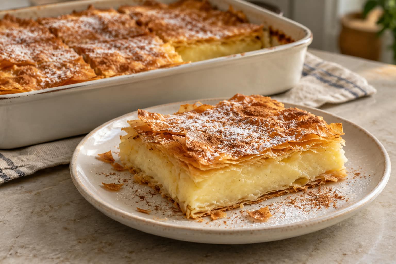 Goldbraun gebackene griechische Bougatsa mit knusprigen Filoteigschichten, dicker heller Vanille-Grießcreme, Puderzucker und Zimt