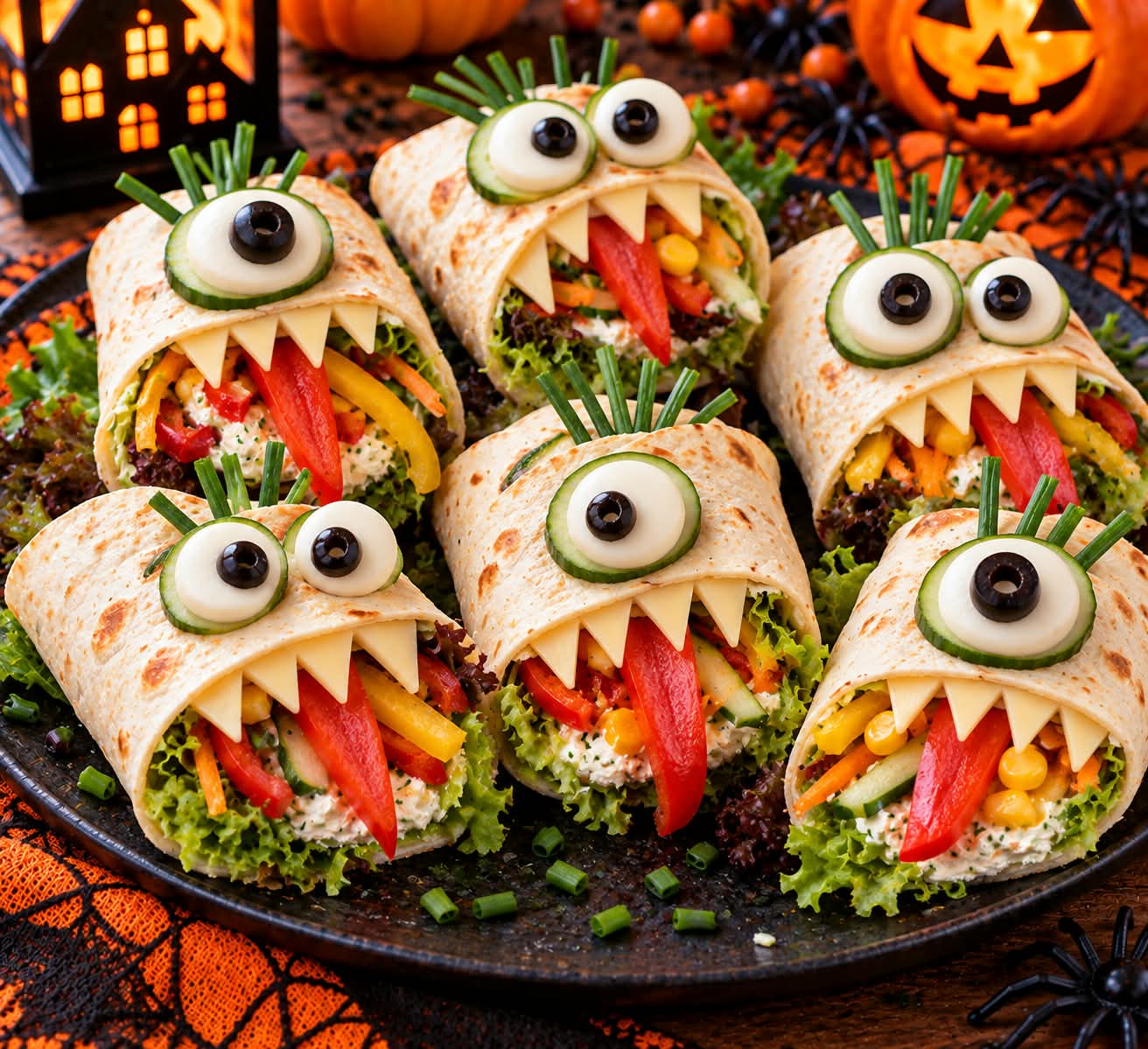 Sechs ganze, leicht gebräunt gefleckte Gemüse-Wraps auf einer dunklen Halloween-Platte mit Salat, Schnittlauch-Frischkäse, Gurke, Paprika, Möhre und Mais, dekoriert mit neun Gurken-Mozzarella-Augen, Olivenpupillen, Käsezähnen, roten Paprikazungen und Schnittlauchhaaren