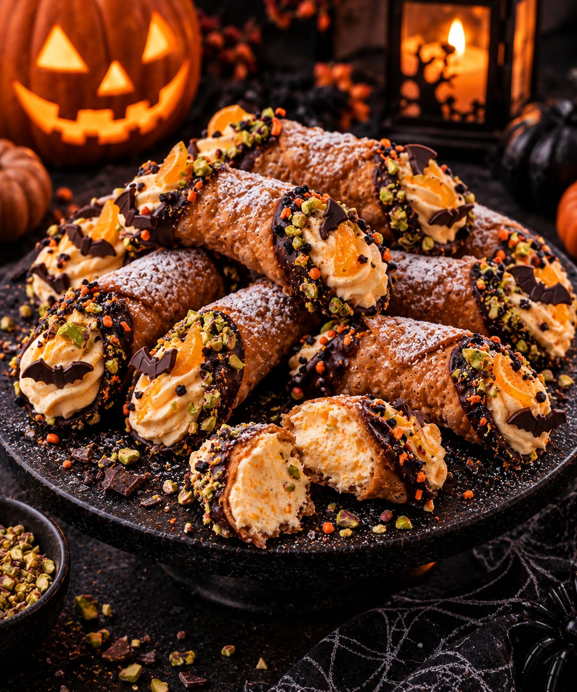 Kakaobraune Halloween-Cannoli mit helloranger Creme, dunklen Schokoladenrändern, Pistazien, orange-schwarzen Streuseln, frischen Orangenstücken und Schoko-Fledermäusen