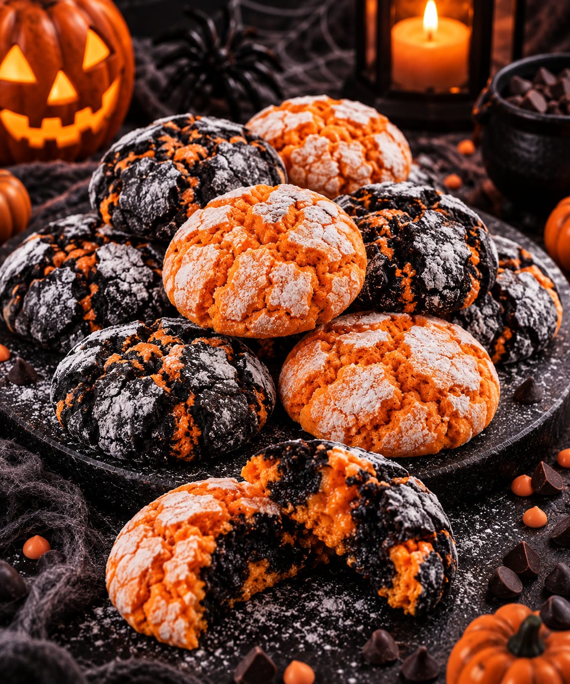 Große orangefarbene und orange-schwarze Halloween-Crinkle-Cookies mit stark aufgerissener Puderzuckeroberfläche