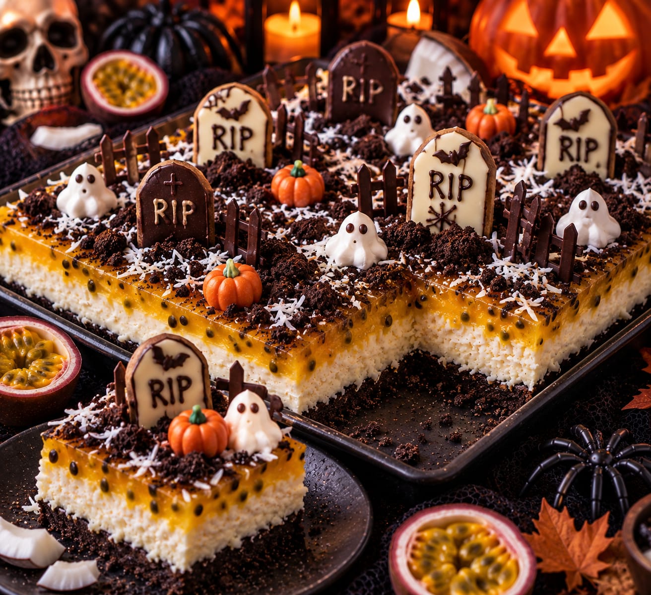 Halloween-Maracuja-Kokos-Friedhof mit hoher weißer Kokoscreme, gelbem Maracujaspiegel, Grabsteinen, Geistern, Kürbissen und Schokoladenzäunen