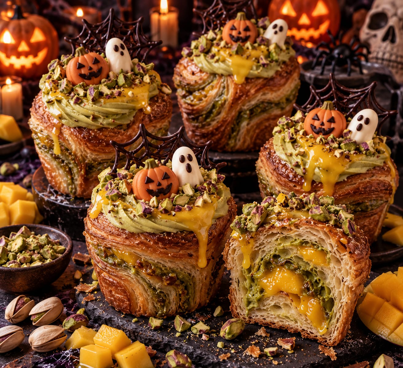Goldbraune Halloween-Pistazien-Mango-Cruffins mit grüner Pistaziencreme, Mango-Drip, Schokoladen-Spinnennetzen, weißen Geistern und Marzipankürbissen