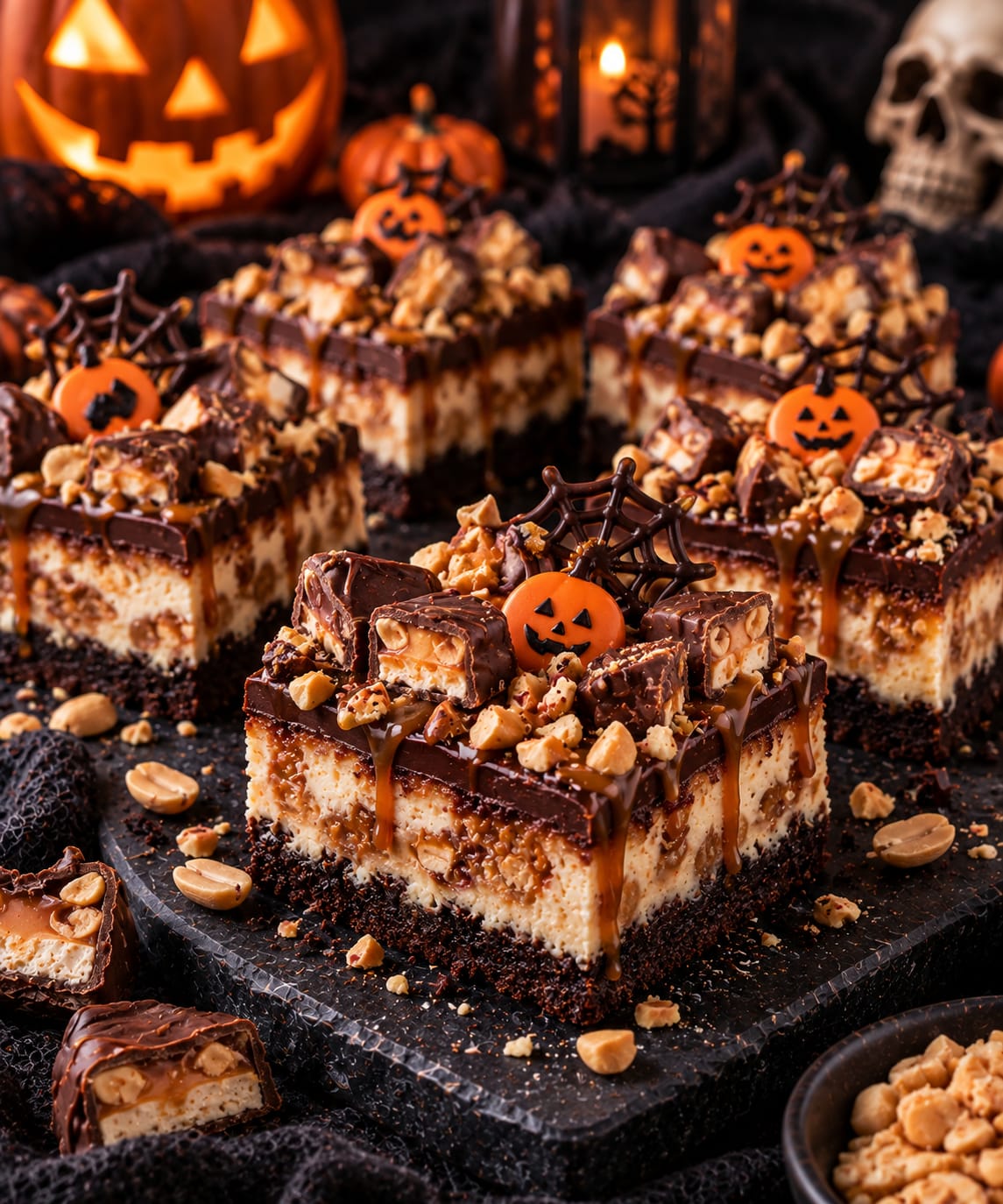 Halloween-Snickers-Cheesecake-Bars mit dünnem dunklem Brownie-Boden, cremiger Cheesecakefüllung, kräftigen Erdnuss-Karamell-Taschen, Schoko-Ganache, großen Snickers-Stücken, Erdnüssen, orangefarbenen Jack-o’-Lantern-Dekoren und Schoko-Spinnennetzen