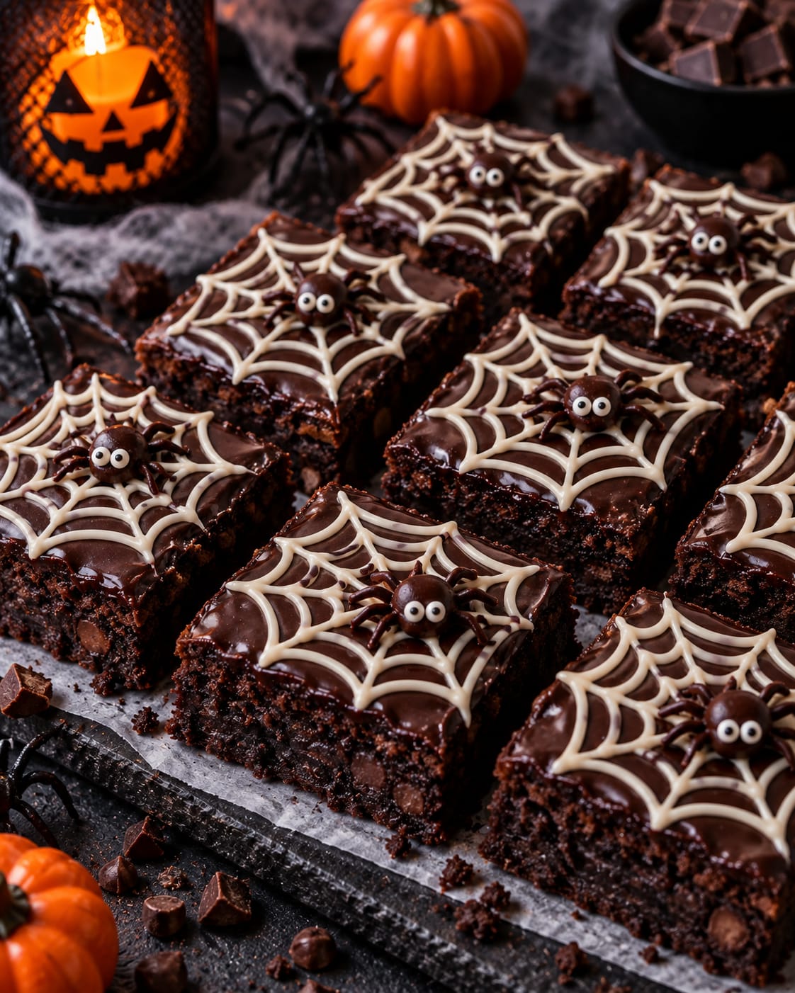 Dicke Schoko-Brownies mit glänzender dunkler Ganache, weißen Spinnennetzen und kleinen Schoko-Spinnen mit Zuckeraugen
