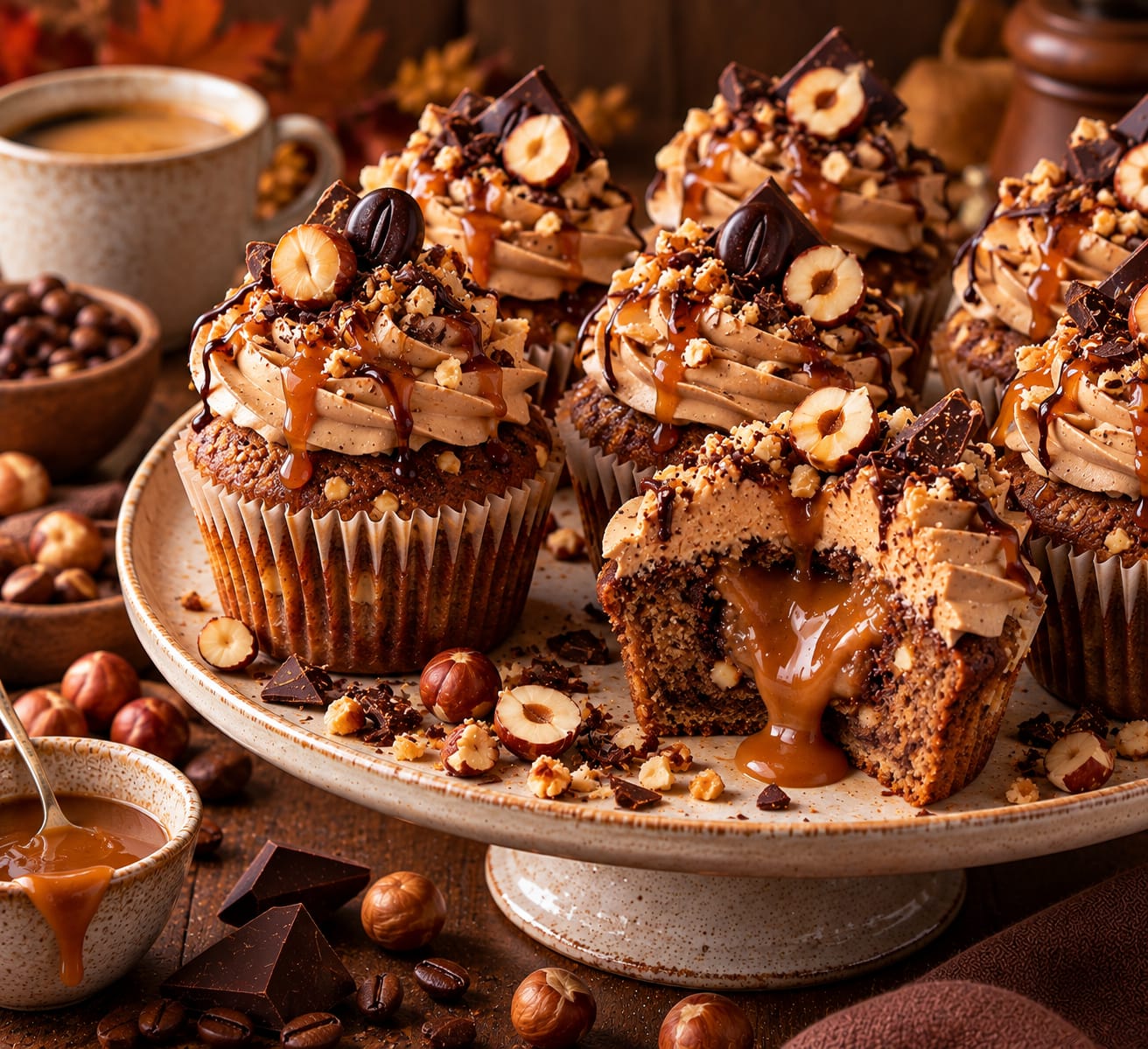 Haselnuss-Espresso-Cupcakes mit Cremerosetten, Karamell- und Schokoladendrip, gerösteten Haselnüssen und flüssigem Karamellkern im angeschnittenen Cupcake.