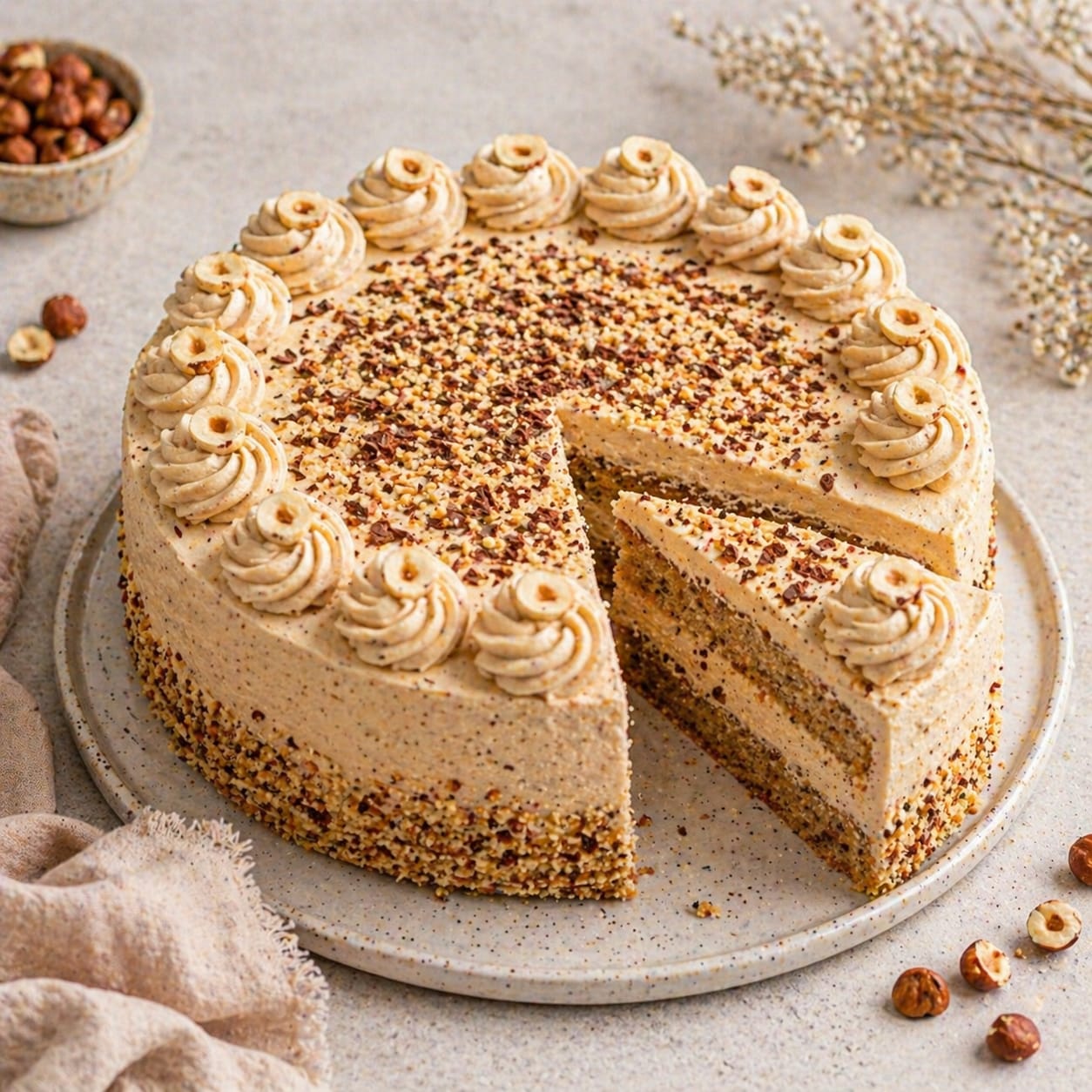 Haselnuss-Sahne-Torte mit heller, fein gesprenkelter Nougatcreme, Haselnussböden, geröstetem Nussrand, Schokoladenraspeln und Cremerosetten