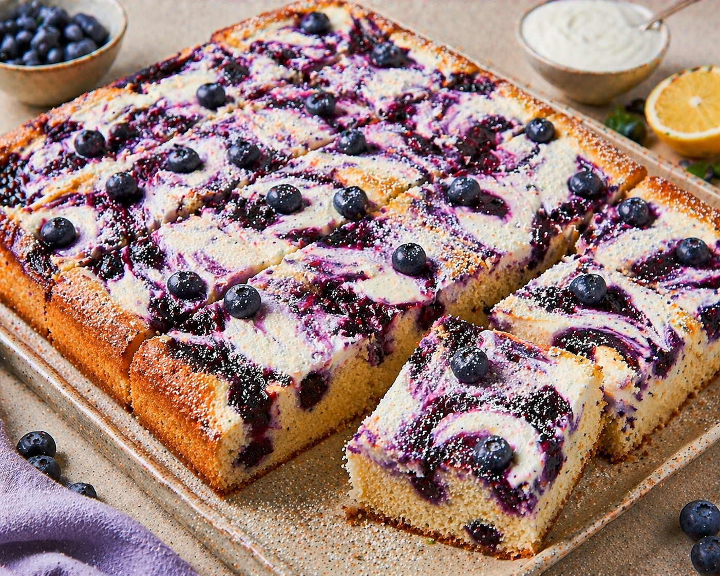 Cremige Heidelbeer-Cheesecake-Schnitten mit Mandel-Rührteig, Cheesecake-Marmorierung, stückigem Heidelbeer-Swirl, frischen Heidelbeeren und Puderzucker