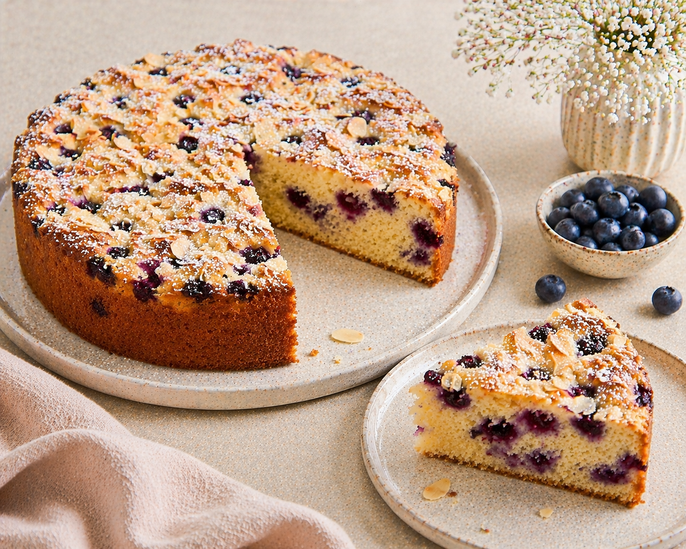 Runder Heidelbeer-Mandel-Kuchen mit heller Mandelkrume, gebackenen Heidelbeeren, Mandelblättchen und feinem Puderzucker