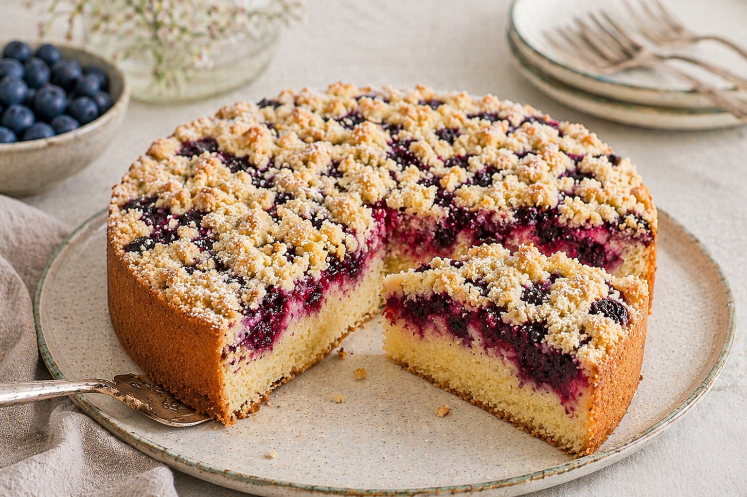 Runder Heidelbeer-Streuselkuchen mit hellem Rührteig, dichter Heidelbeerschicht, goldbraunen Butterstreuseln und feinem Puderzucker