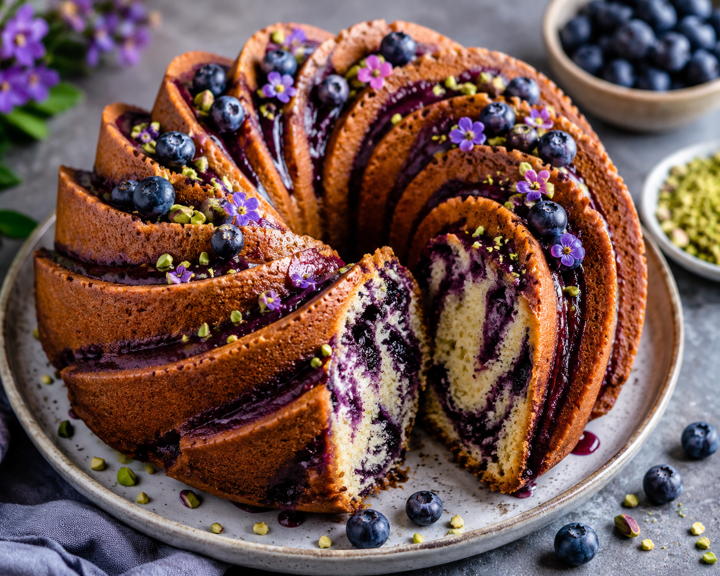 Goldbrauner Heidelbeer-Swirl-Spiralgugelhupf mit verzweigten dunklen Fruchtadern, Heidelbeersauce, Pistazien, frischen Heidelbeeren und essbaren Blüten