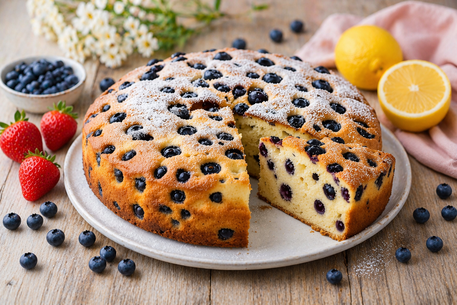 Hoher goldbrauner Heidelbeer-Rührkuchen mit heller Krume, vielen sichtbaren Heidelbeeren und feinem Puderzucker