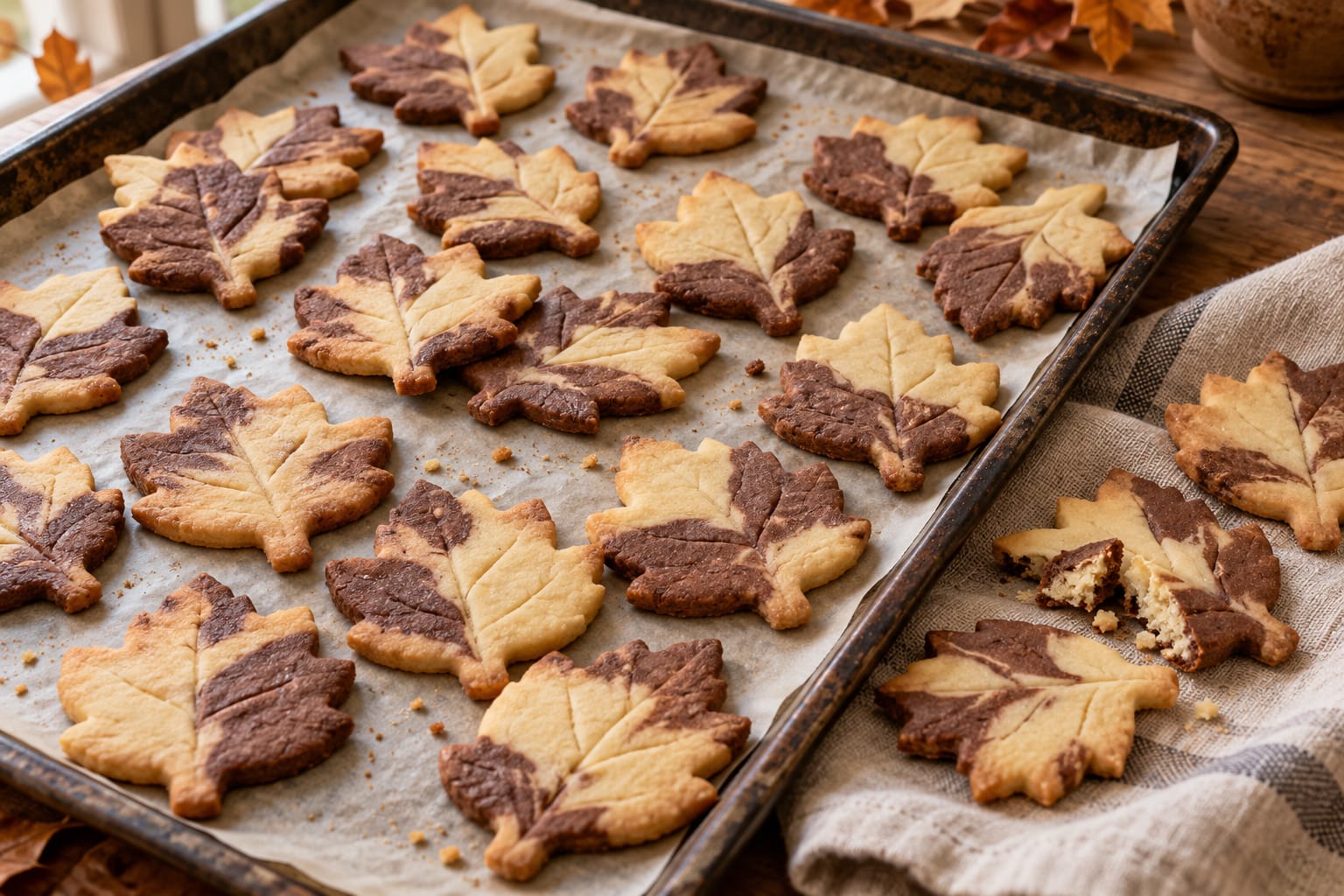 Goldbraune Herbstblatt-Marmorkekse mit unregelmäßigen hellen Vanille- und dunklen Kakaoflächen sowie eingeprägten Blattadern