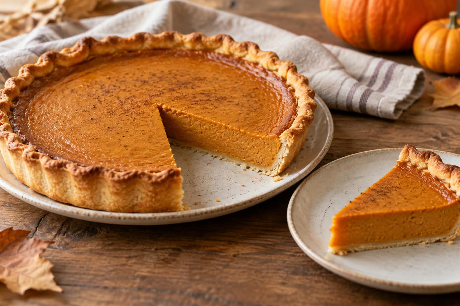 Herbstlicher Kürbis-Pie mit dünnem Mürbeteigboden, glatter orangefarbener Kürbisfüllung und angeschnittenem Stück