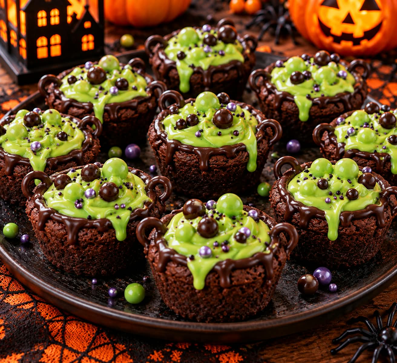 Dunkle Brownie-Kessel mit hohen Rändern, grüner Vanillecreme, dunklen Schokoladentropfen, zwei Schokoladengriffen und grünen und violetten Zuckerperlen