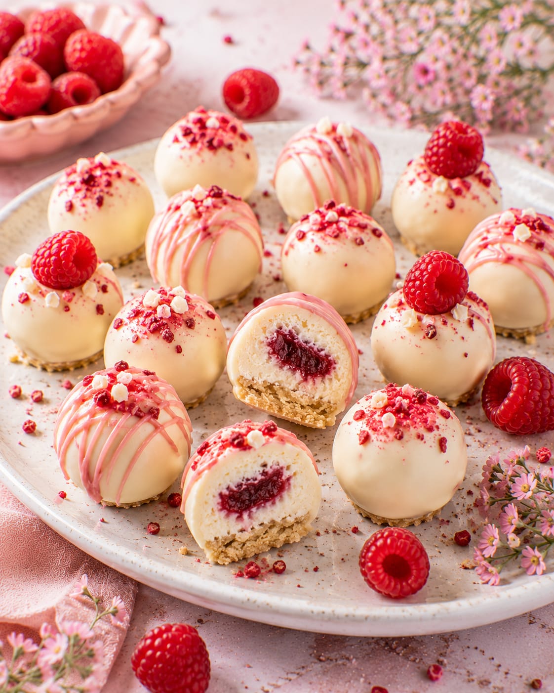 Kleine Himbeer-Cheesecake-Kugeln mit weißer Schokoladenhülle, rosa Drizzle, Himbeerfüllung und hellem Keksboden