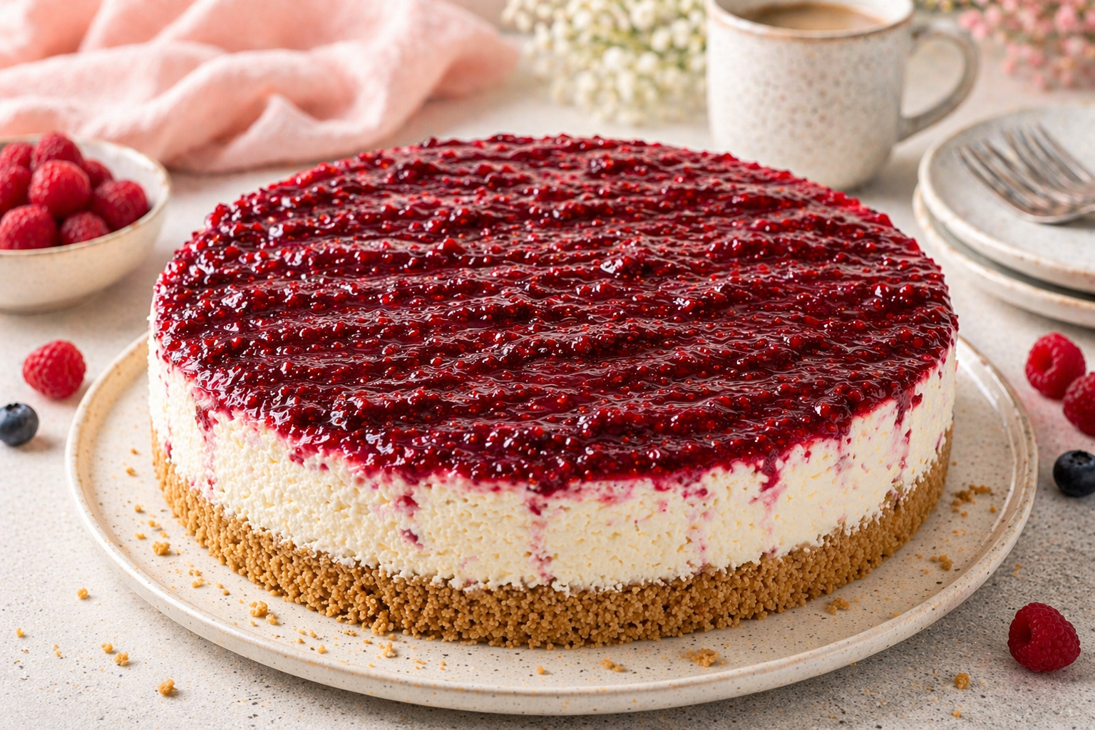 Himbeer-Cheesecake ohne Backen mit körnigem Keksboden, hoher heller Creme, feinen Himbeerspuren und glänzendem Himbeerbelag