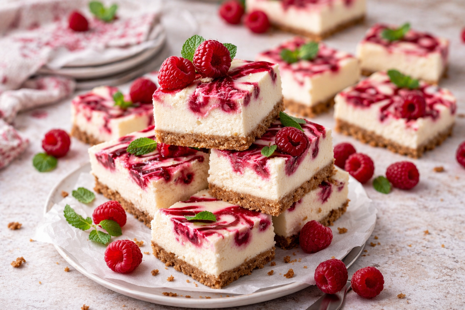 Himbeer-Cheesecake-Schnitten mit Keksboden, heller Creme, feinem Himbeer-Swirl, frischen Himbeeren und Minze