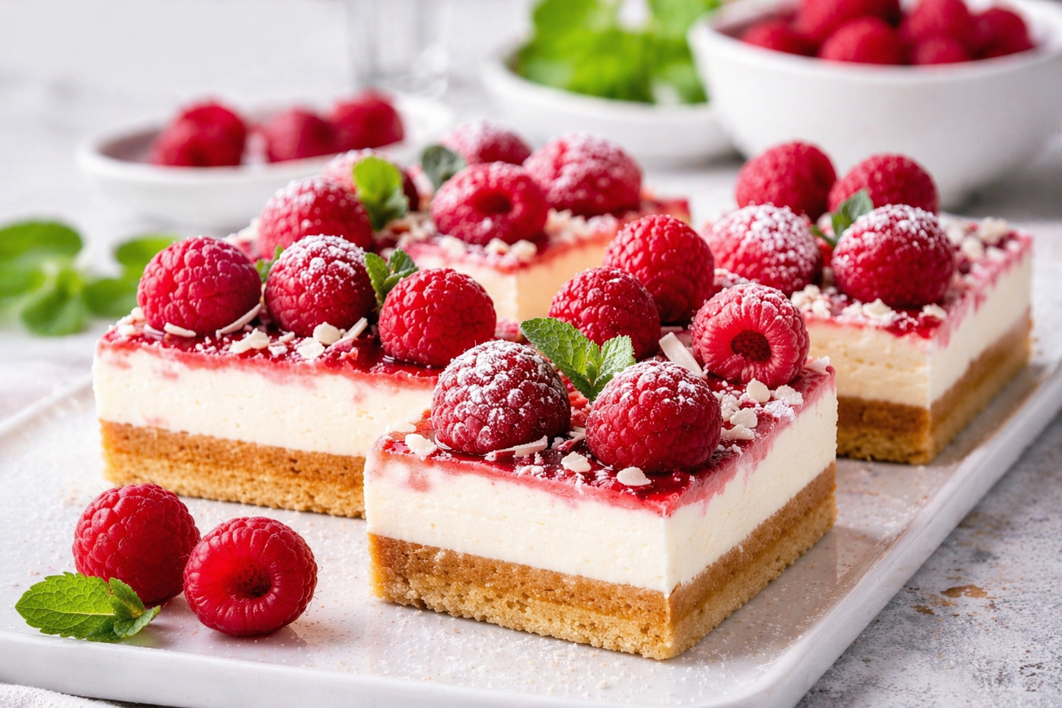 Himbeer-Frischkäse-Schnitten mit hellem Boden, hoher Creme, dünner Himbeerschicht, frischen Himbeeren, Minze, weißer Schokolade und Puderzucker