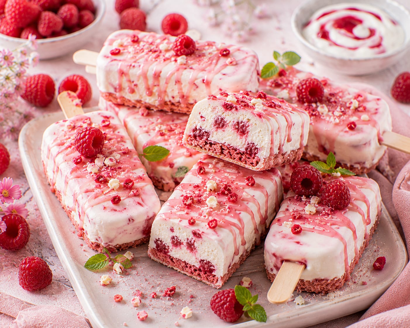 Himbeer-Joghurt-Eisriegel am Stiel mit heller Schokoladenhülle, Himbeerstückchen, rosa Crispy-Knusperboden und Himbeer-Drizzle