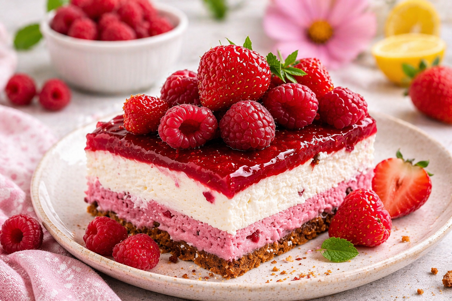 Himbeer-Joghurt-Schnitten mit Haferkeksboden, rosa Himbeercreme mit Fruchtstückchen, heller Joghurt-Frischkäse-Creme mit Himbeerspuren, rotem Himbeerspiegel, Himbeeren, Erdbeeren und Minze