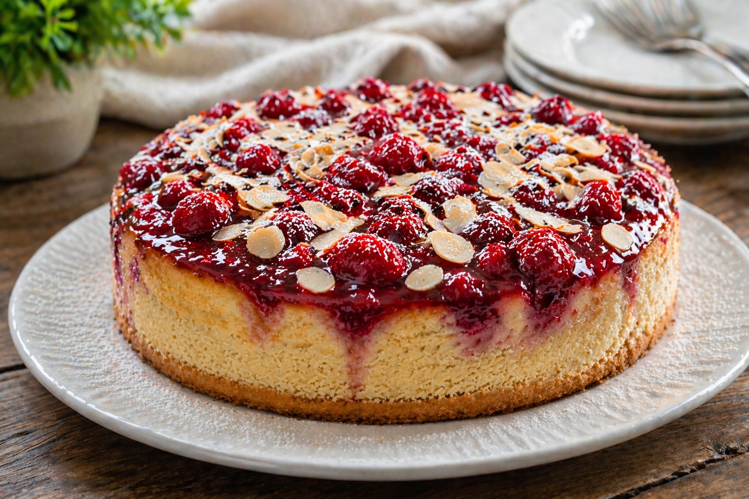 Runder Himbeer-Mandel-Cheesecake mit goldbraunem Keksboden, heller Mandel-Füllung, Himbeerbelag, ganzen Himbeeren, Mandelblättchen und feinem Puderzucker