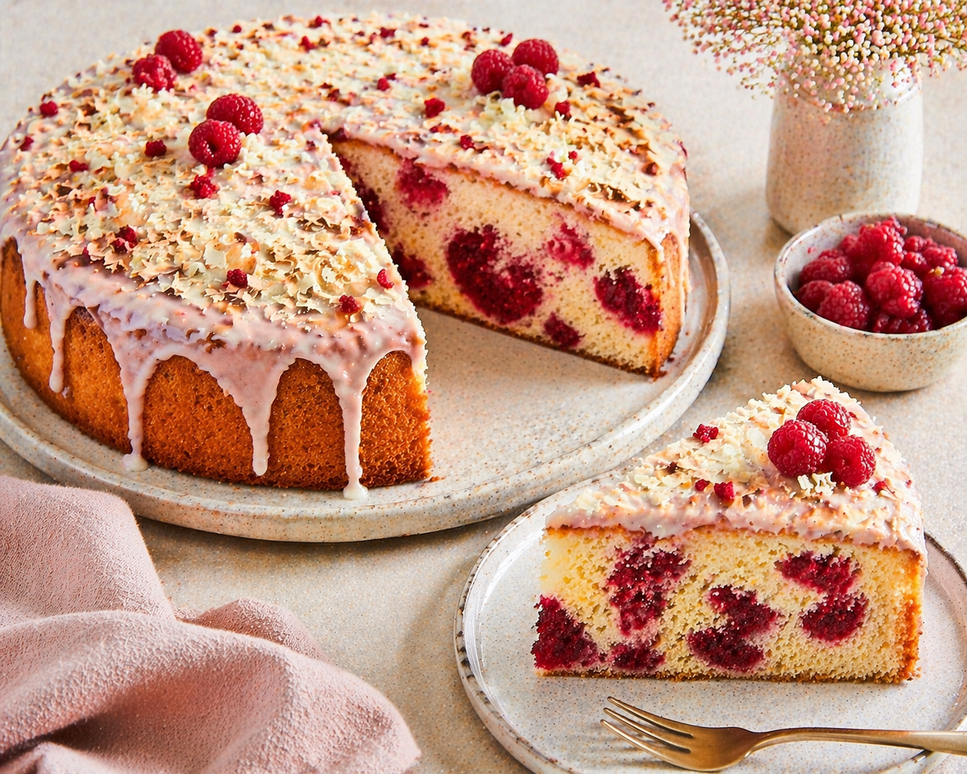 Angeschnittener hoher Himbeer-Mandel-Kuchen mit rosa Zitronenglasur, frischen Himbeeren, groben weißen Schokoraspeln und gerösteten Mandelblättchen