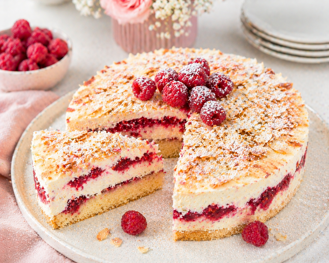 Angeschnittene Himbeer-Mandel-Sahnetorte mit hellem Mandelboden, Vanille-Frischkäse-Sahnecreme, zwei Himbeerlagen, Mandelblättchen und frischen Himbeeren