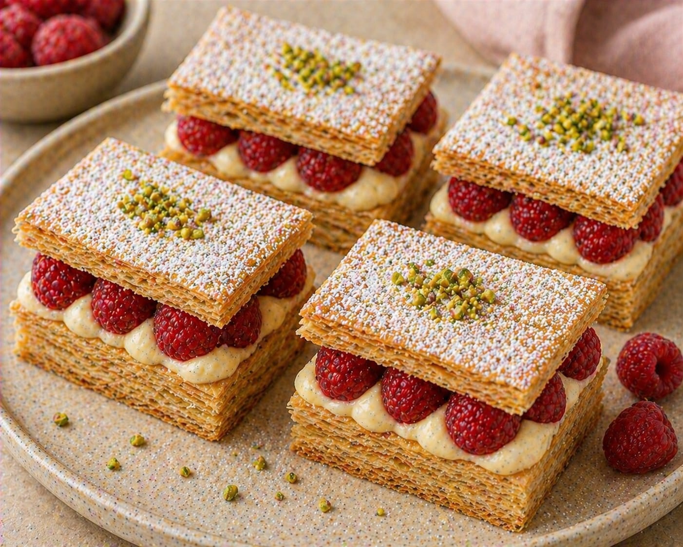 Himbeer-Mille-Feuille-Schnitten mit goldbraunem Blätterteig, Vanillecreme, frischen Himbeeren, Puderzucker und gehackten Pistazien