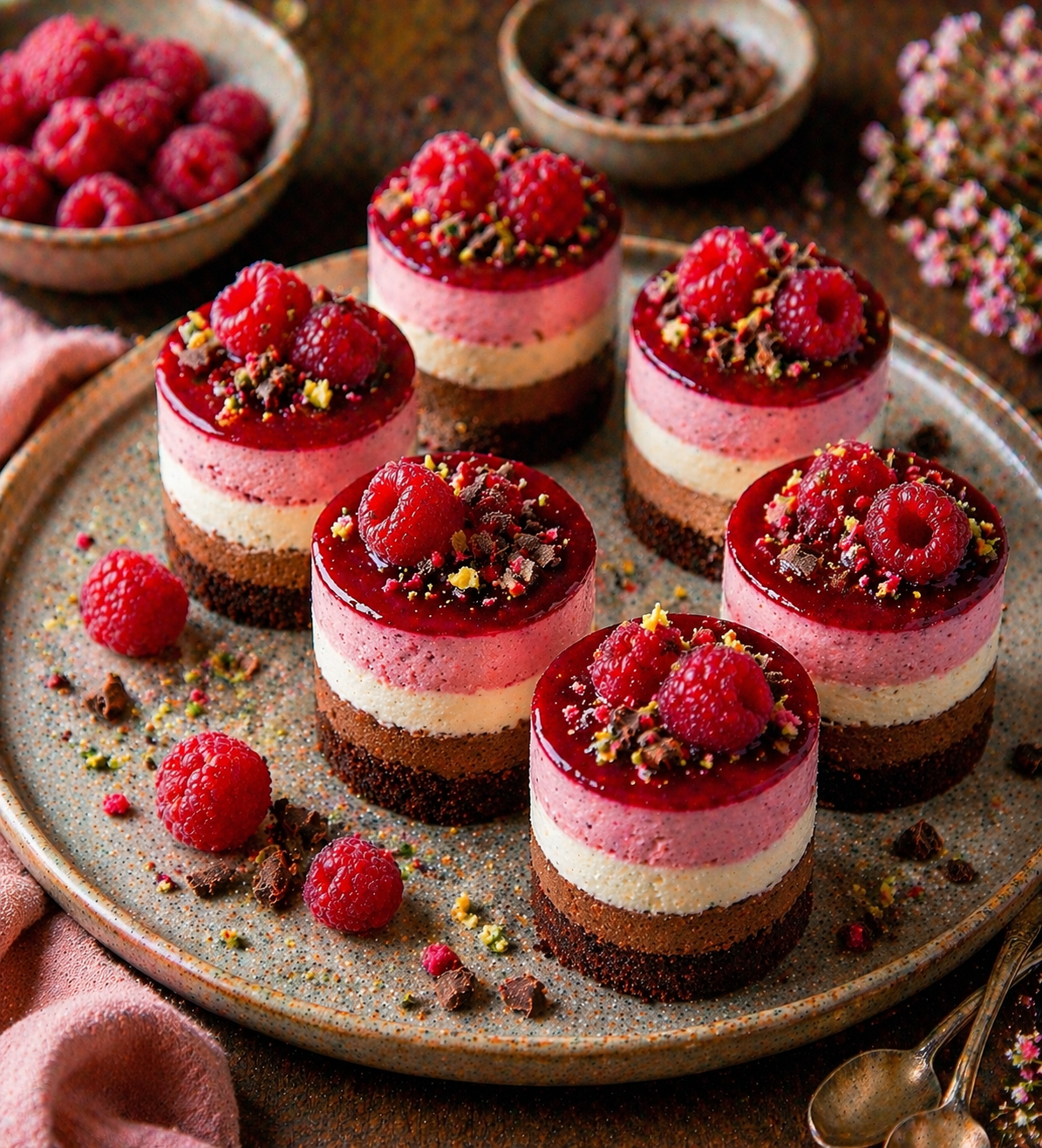 Himbeer-Mini-Törtchen mit dunklem Schokoboden, Schokoladenmousse, Vanillecreme, Himbeer-Mousse, Himbeerspiegel, frischen Himbeeren, Pistazien und Schokoraspeln