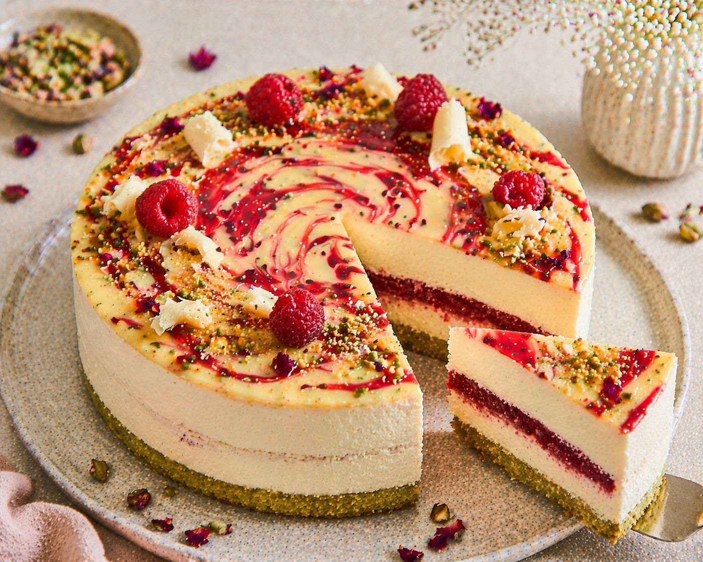 Himbeer-Pistazien-Cheesecake mit dichtem pistaziengrünem Boden, weißer Cheesecake-Creme, roter Himbeerschicht, cremegelber Vanille-Weiße-Schokolade-Creme und Himbeer-Swirl